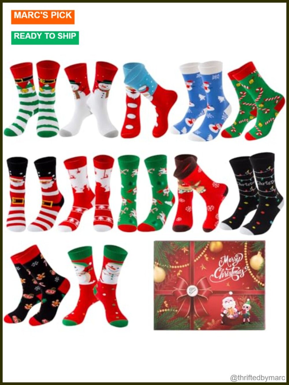 Christmas Novelty Crew Socks Cotton Set 12 Pairs Women Funny Xmas Gift